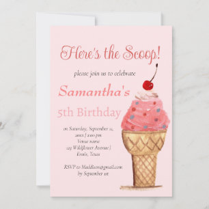Ice Cream 5th Birthday Girl Pink Watercolor Invitation