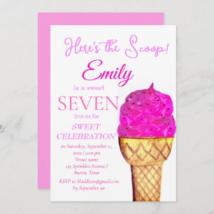 Ice Cream 7th Birthday Girl Pink Watercolor Invitation