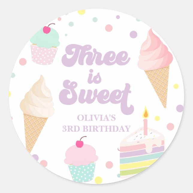 Ice Cream and Cake 3rd Birthday Classic Round Sticker (Front)