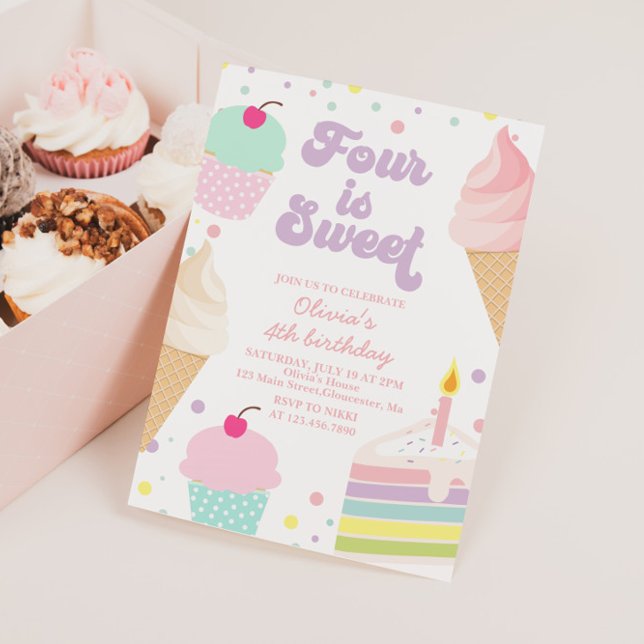 Ice Cream and Cake 4th Birthday Invitation (Creator Uploaded)