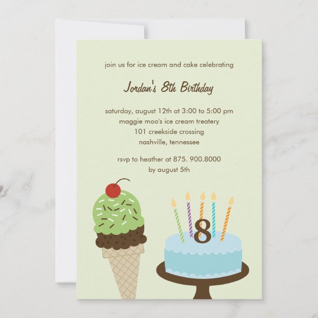 Ice Cream and Cake Birthday Invitation - Green (Front)