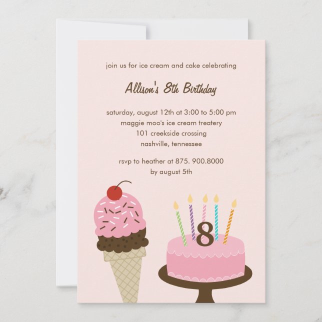 Ice Cream and Cake Birthday Invitation - Pink (Front)