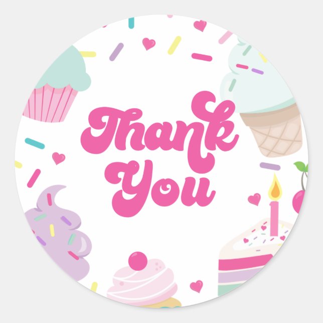 Ice Cream and Cake Birthday Thank You Classic Round Sticker (Front)