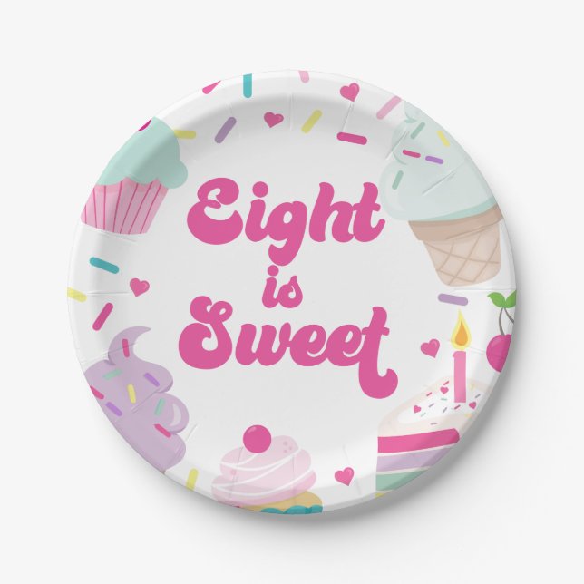 Ice Cream and Cake Eight is Sweet 8th Birthday Paper Plate (Front)