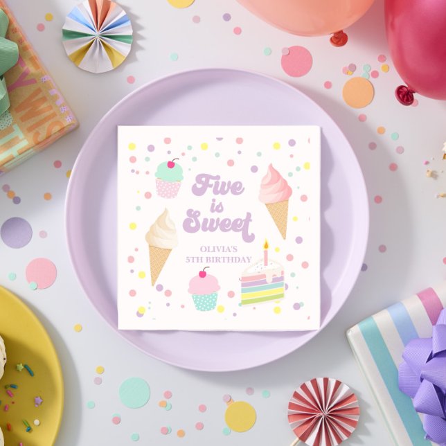 Ice Cream and Cake Five is Sweet 5th Birthday Napkin (Creator Uploaded)