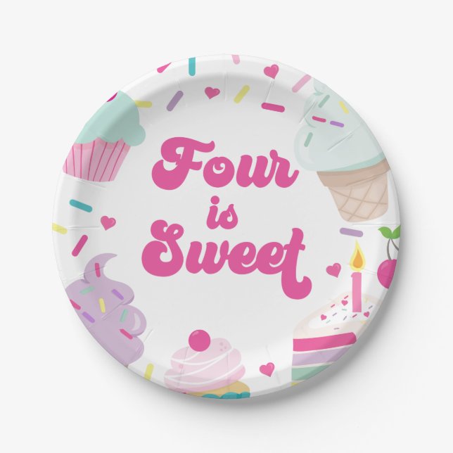 Ice Cream and Cake Four is Sweet 4th Birthday Paper Plate (Front)