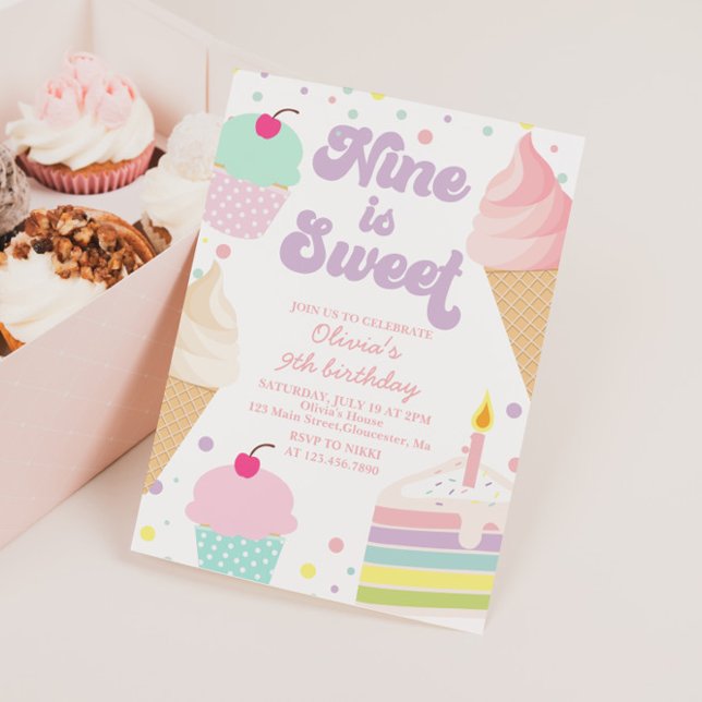 Ice Cream and Cake Nine is sweet 9th Birthday Invitation (Creator Uploaded)