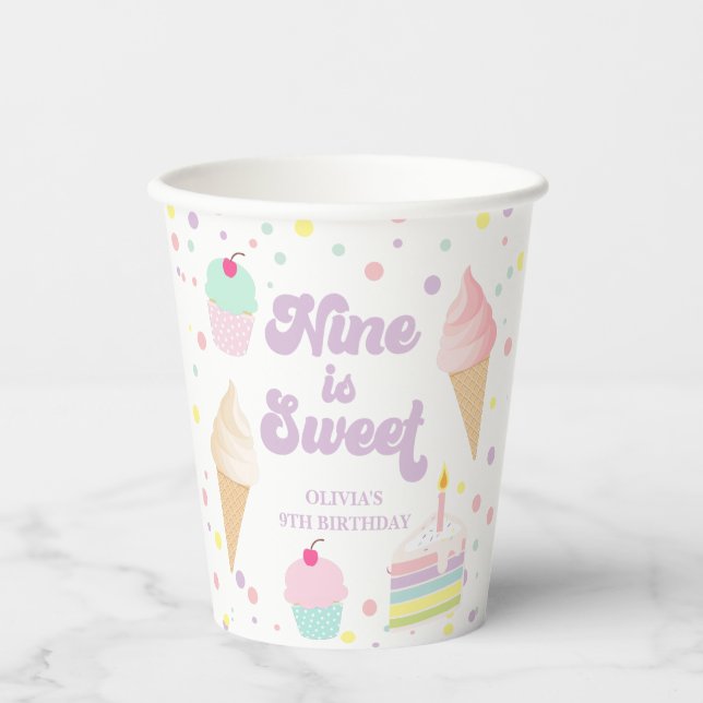 Ice Cream and Cake Nine is Sweet 9th Birthday Paper Cups (Front)