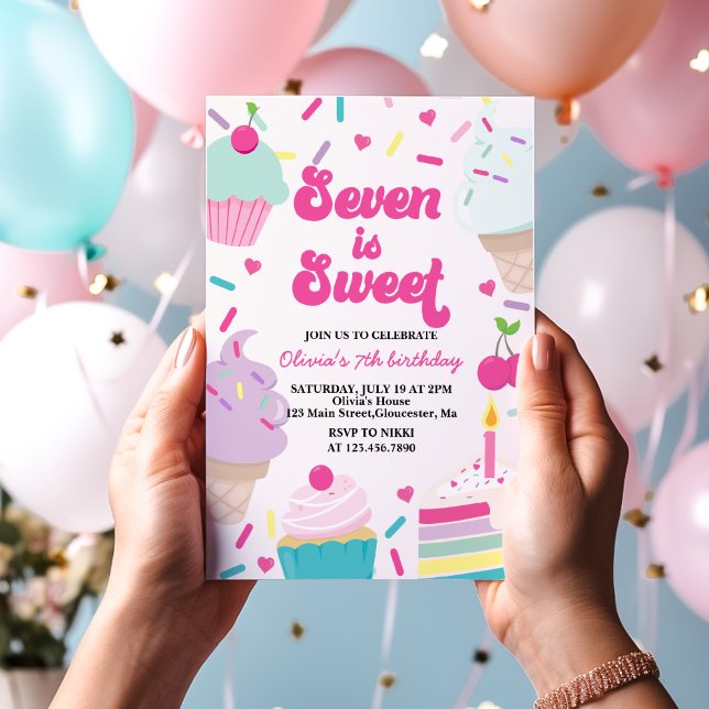 Ice Cream and Cake Seven is Sweet 7th Birthday Invitation (Creator Uploaded)