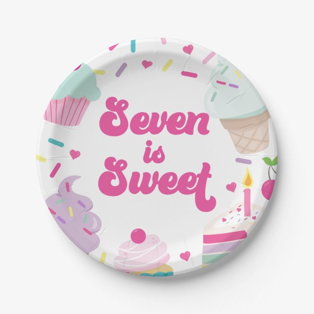 Ice Cream and Cake Seven is Sweet 7th Birthday Paper Plate (Front)