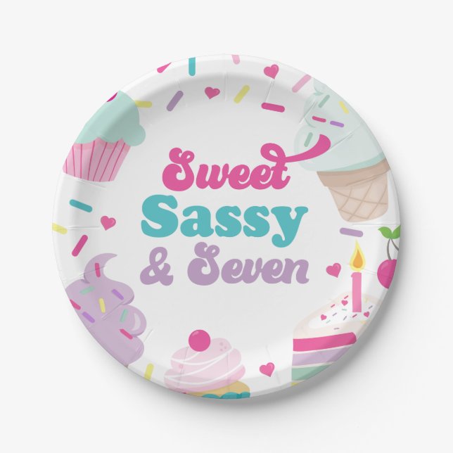 Ice Cream and Cake Sweet Sassy Seven 7th Birthday Paper Plate (Front)