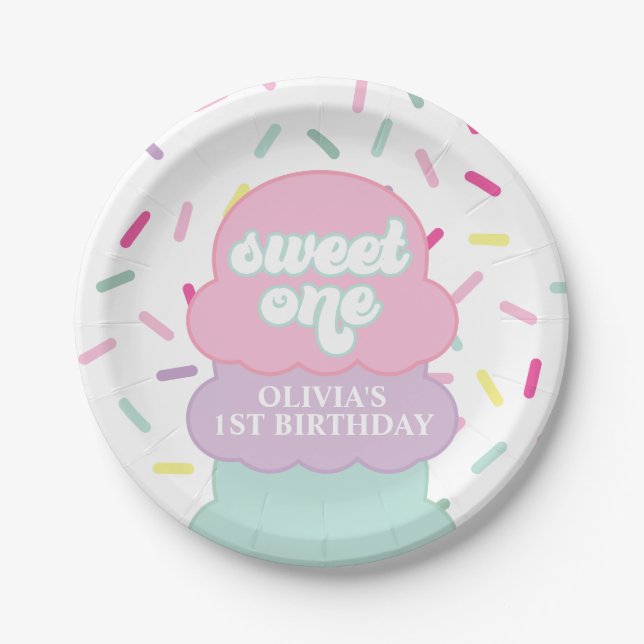 Ice Cream and Sprinkles Sweet One 1st Birthday Pap Paper Plate (Front)