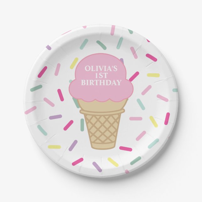 Ice Cream and Sprinkles Sweet One 1st Birthday Paper Plate (Front)