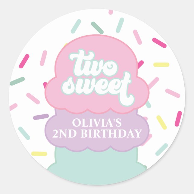 Ice Cream and Sprinkles Two Sweet 2nd Birthday Classic Round Sticker (Front)