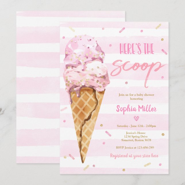 Ice Cream Baby Shower Here's The Scoop Baby Shower Invitation (Front/Back)