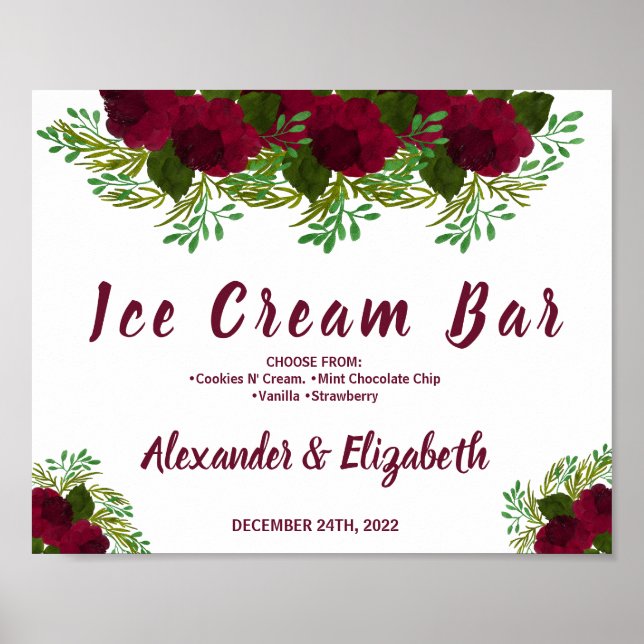 Ice Cream Bar Bridal Shower Wedding RedFlower Sign (Front)