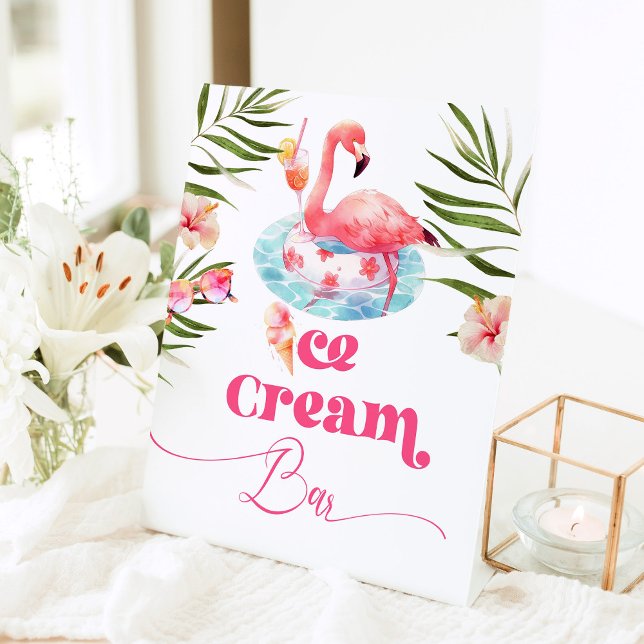 Ice cream Bar Flamingo Pool birthday party Pedestal Sign (Creator Uploaded)