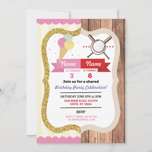 Ice Cream & Baseball Joint Boy Girl Birthday Invitation (Front)