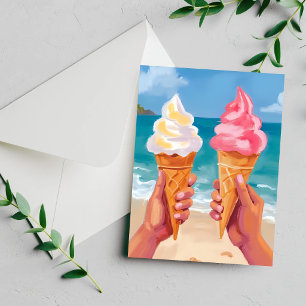 Ice Cream Beach Ocean Watercolor Painting Card
