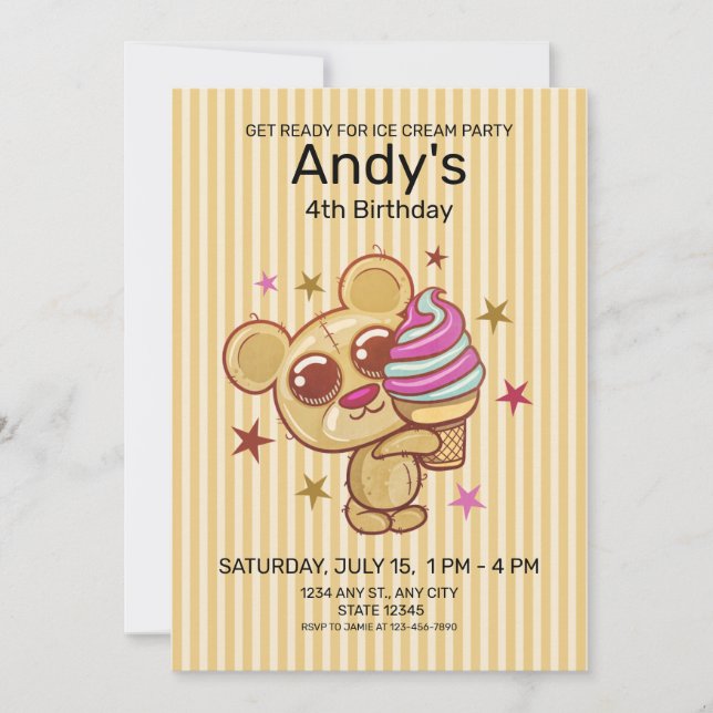 Ice Cream Bear 4th Birthday Party Invitation (Front)