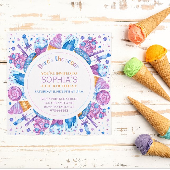 Ice Cream Birthday Girls Kids Here's the Scoop Invitation (Creator Uploaded)