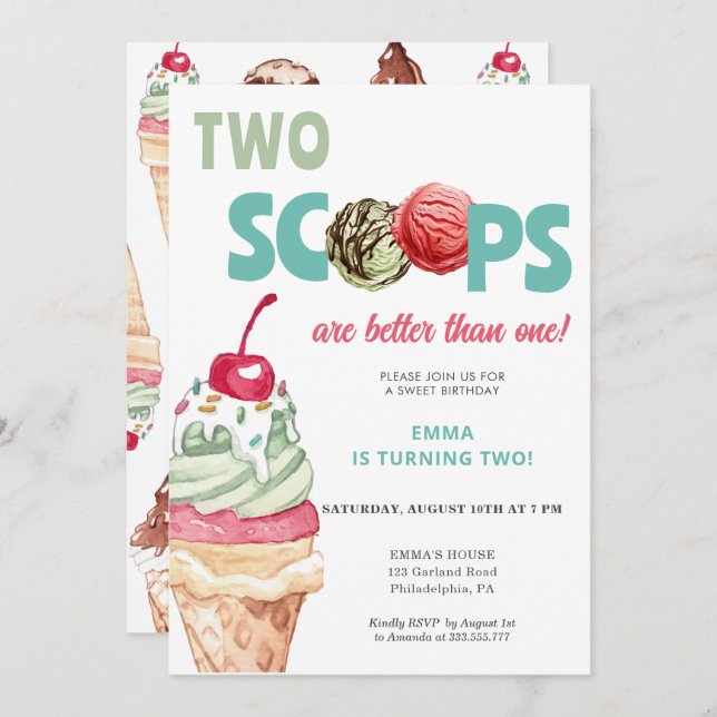 Ice Cream Birthday Invitation Two Scoops (Front/Back)