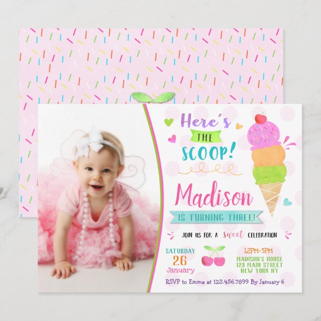 Ice Cream Birthday Invitations (Front/Back)
