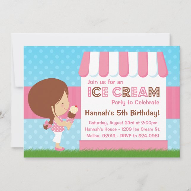 Ice Cream Birthday Party Brown Hair Invitation (Front)