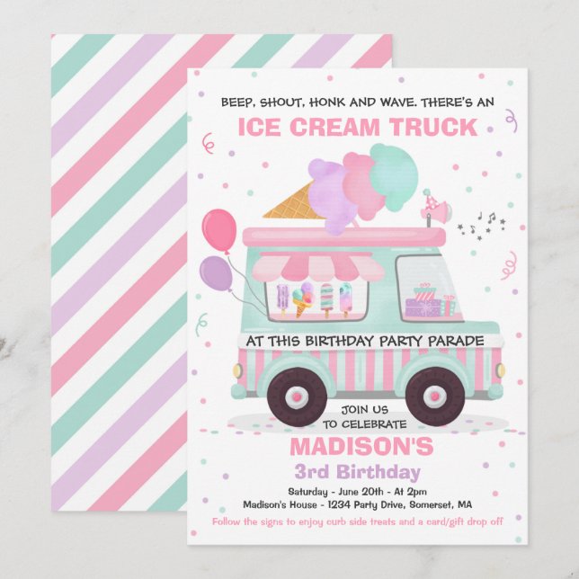 Ice Cream Birthday Party Drive By Birthday Parade Invitation (Front/Back)