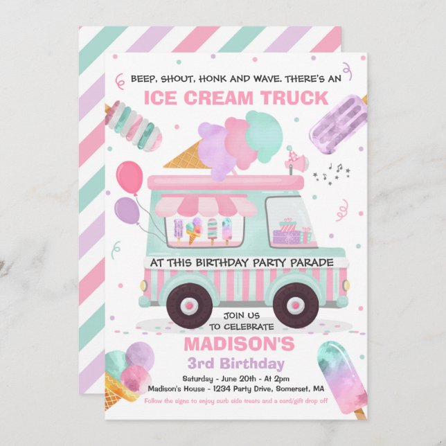 Ice Cream Birthday Party Drive By Birthday Parade Invitation (Front/Back)