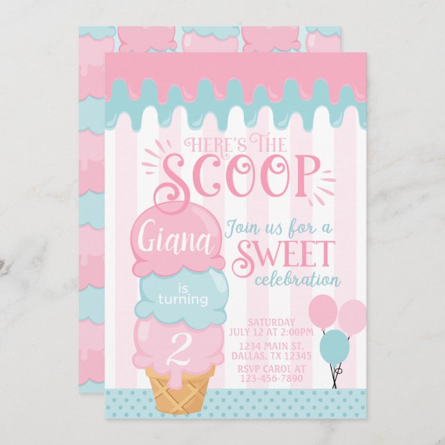 Ice Cream Birthday Party Invitation Snow Cone (Front/Back)