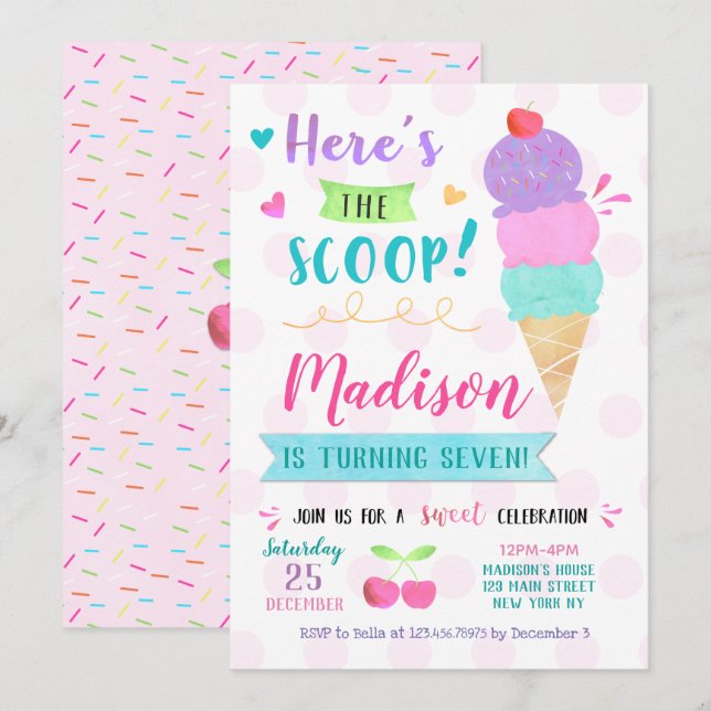 Ice Cream Birthday Party Invitations (Front/Back)