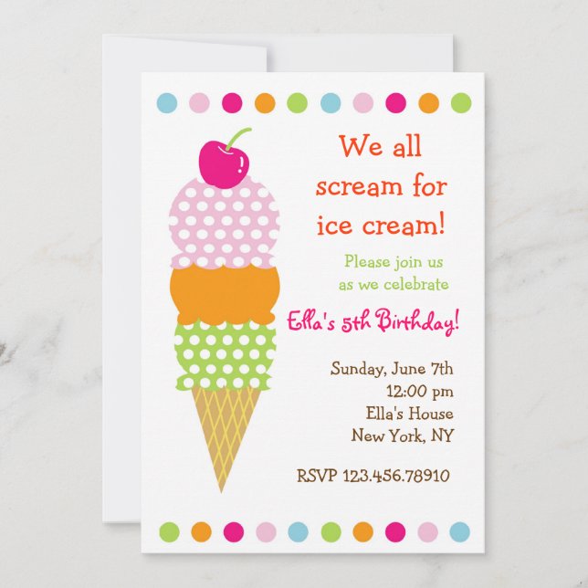Ice Cream Birthday Party Invitations (Front)