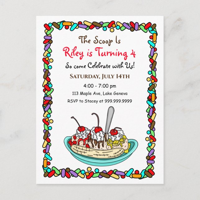 Ice Cream Birthday Party Invites Postcard (Front)