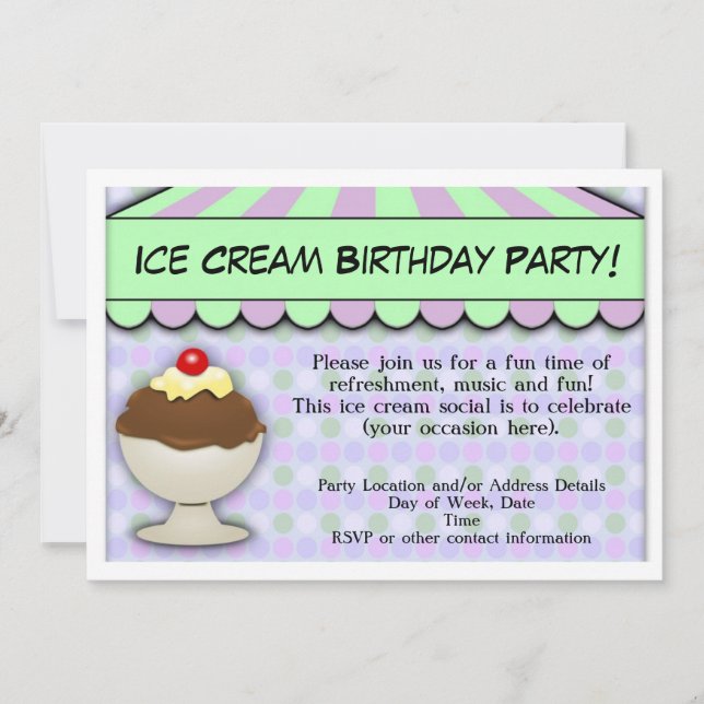 Ice Cream Birthday Party, Pastel Awning Sundae Invitation (Front)