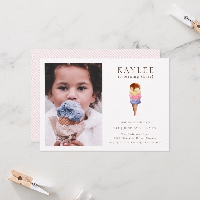 Ice Cream Birthday Party Photo Invitation (Front/Back In Situ)