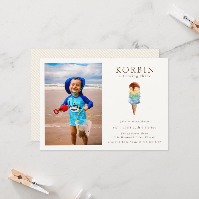 Ice Cream Birthday Party Photo Invitation (Front/Back In Situ)