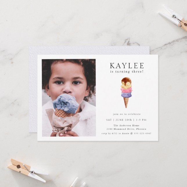 Ice Cream Birthday Party Photo Invitation (Front/Back In Situ)
