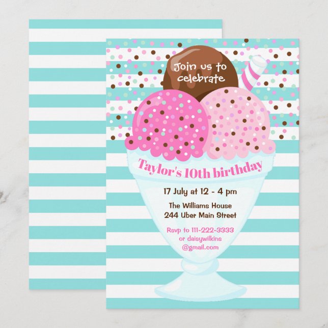 Ice Cream Birthday Party Pink and Turquoise Invitation (Front/Back)