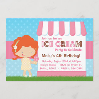 Ice Cream Birthday Party Red Hair Invitation