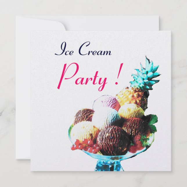 ICE CREAM BIRTHDAY PARTY,white ice metallic Invitation (Front)