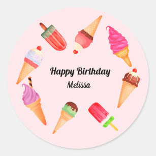 Ice Cream Birthday Popsicle Pink Pool Party Classic Round Sticker
