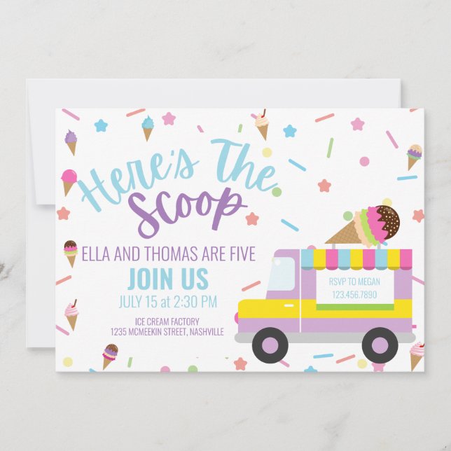 Ice Cream Birthday Sibling Birthday Twin Birthday  Invitation (Front)