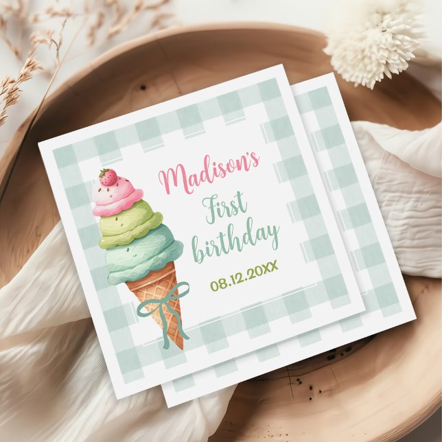 Ice Cream Blue Bow Gingham Birthday Party Napkin (Creator Uploaded)