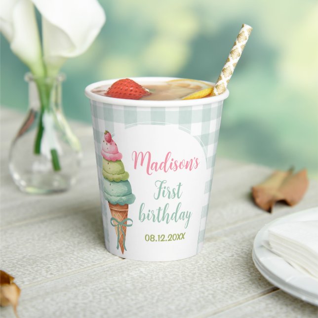 Ice Cream Blue Bow Gingham Birthday Party Paper Cups (Insitu)