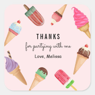 Ice Cream Blue Pink Popsicle Colourful Thank You Square Sticker