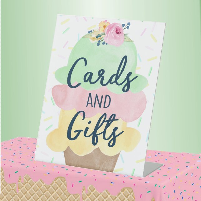 Ice Cream Bridal or Baby Shower Cards & Gifts Pedestal Sign (Cards and Gifts Watercolor Ice Cream Bridal Shower Pedestal Table Sign)