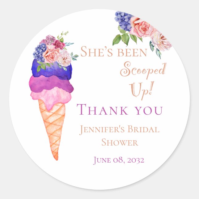 Ice Cream Bridal Shower She's Scooped Up Thank you Classic Round Sticker (Front)