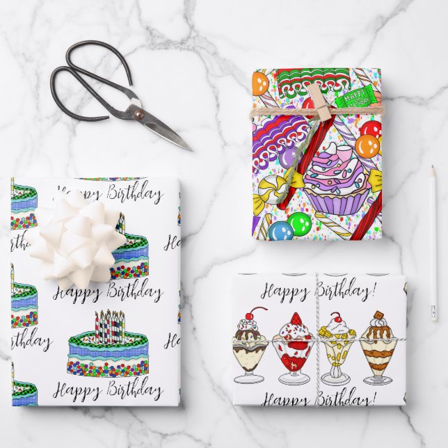 Ice Cream, Cake and Candy Birthday Wrapping Paper Sheet (Front)
