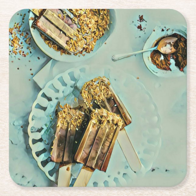 Ice cream cake square paper coaster (Front)